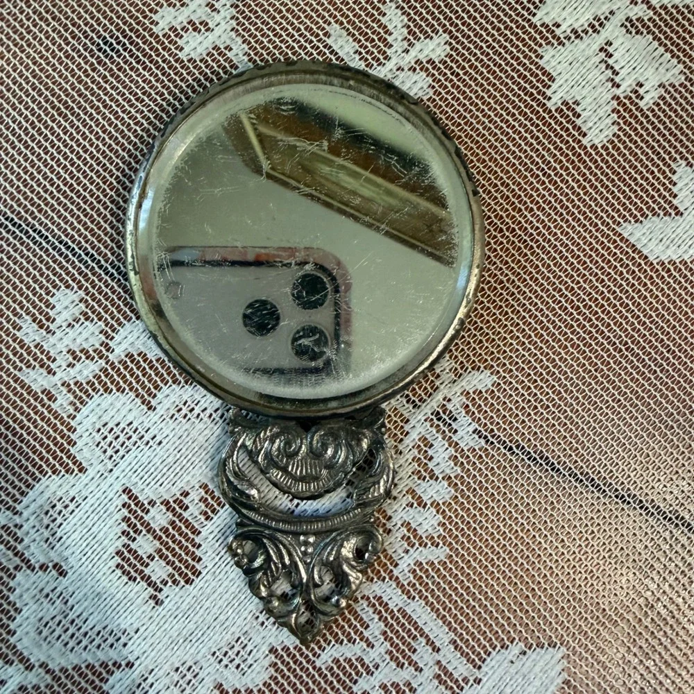 Hans Jensen Hand Mirror Unisex OS Silver Good Vintage Repousse Tropical Ornate